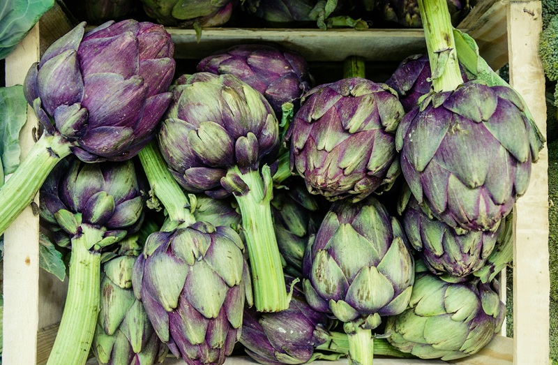 Close up of artichokes on a market stall