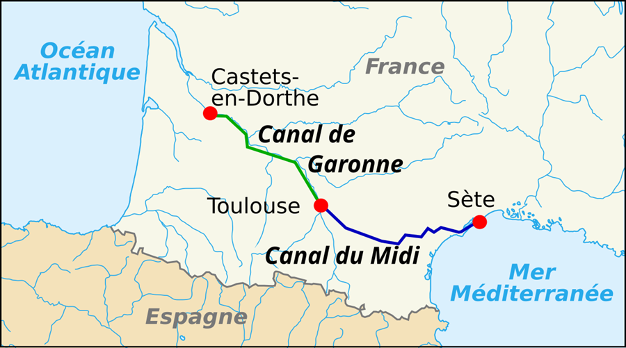 Map of South West France depicting the route of the Canal du Midi and Canal de Garonne